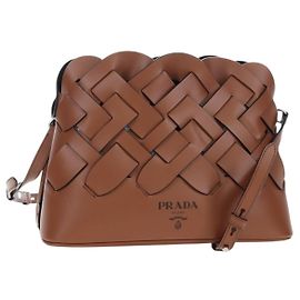 PRADA Vitello Intrecciato Schultertasche aus Leder braun silber authentisch 198942M