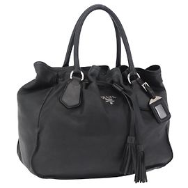 PRADA Tote Bag Leder Schwarz Silber Auth 199442V