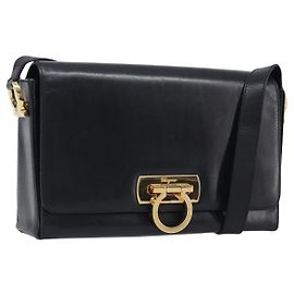 Borsa a tracolla Salvatore Ferragamo Gancini in pelle nera e oro Auth 199456
