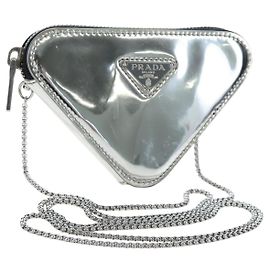 PRADA Schultertasche mit Kette Lackleder Silber Auth 196592M