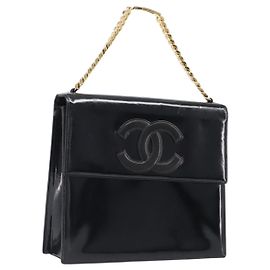 Borsa a mano con catena CHANEL Pelle verniciata Nero Oro CC Auth 201914V