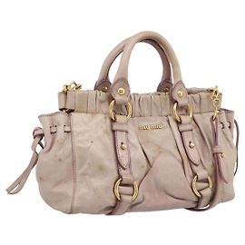 Borsa a mano Miu Miu Vitellolux in pelle 2way Beige Tono Oro Auth 200811