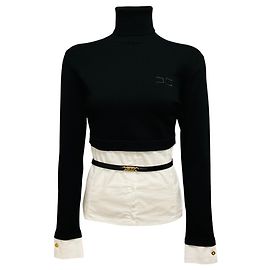 Top camisola de gola alta em malha de viscose preto / branco Elisabetta Franchi com bainha em popeline de algodão e cinto