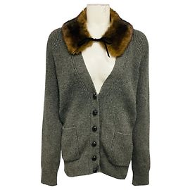 Saint Laurent Cardigã de malha de pelo de camelo com gola de pele sintética cinza