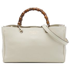 Borsa Shopper Satchel Gucci Medium in pelle di vitello bianca con bambù