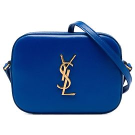 Borsa Camera Classic Monogram Small in Grain De Poudre Blu Saint Laurent