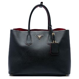 Borsa Double Satchel Prada Large in Pelle Saffiano Nera
