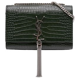 Saint Laurent Kate Crossbody Medium aus croc-geprägtem Leder mit Quaste in Grün
