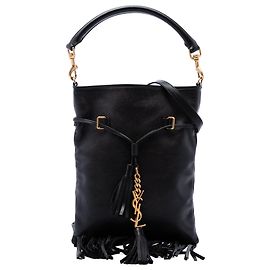 Borsa bucket piatta in pelle con frange Small Saint Laurent Nera