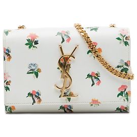 Borsa a tracolla Kate Mini in pelle di vitello liscia bianca con monogramma stampato Prairie Flower Saint Laurent