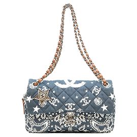 Borsa a tracolla Chanel in cotone blu navy