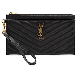Pouch con zip Saint Laurent Black Large Grain De Poudre Matelasse Cassandre