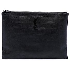 Custodia iPad Monogram in pelle embossed effetto coccodrillo nero Saint Laurent