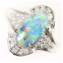 Autre Marque Platinum Band Ring with Opal and Diamond