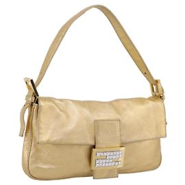 Borsa a tracolla FENDI Mamma Baguette in pelle Oro Argento Auth 199367A