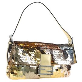 FENDI Mamma Baguette Schultertasche aus Paillettenleder goldfarben Auth yk20723SM