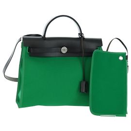 Hermès HERMES Air Zip PM Handtasche Canvas 2way Grün Silber Auth 199157SM