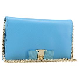 Salvatore Ferragamo Vala Chain Shoulder Wallet Leather Blue Gold Auth hk4008A