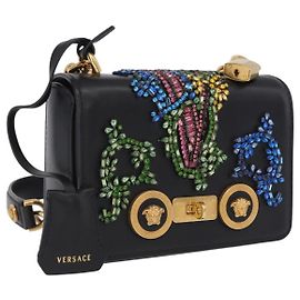 Bolso de hombro VERSACE Medusa Chain de cuero negro y dorado Auth 200090M