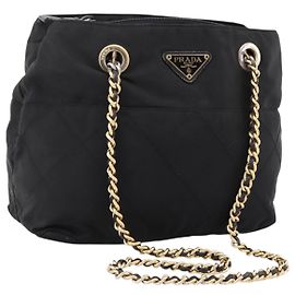 Bolso de Hombro con Cadena PRADA Nylon Negro Tono Dorado Auth 202186A