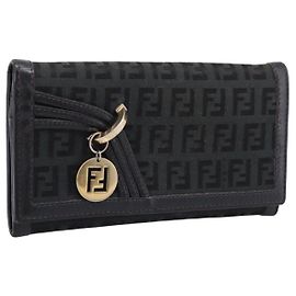 FENDI Zucchino Canvas Lange Geldbörse Schwarz Gold Auth bs36814