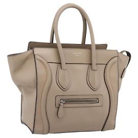 Céline CELINE Luggage Micro Shopper Hand Bag Leather Beige Silver Auth 200973V