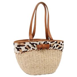 Miu Miu Tote Bag Raffia Beige Gold Auth 199393V