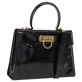 Borsa Salvatore Ferragamo Vernice 2way Nero Tono Oro Auth 196403