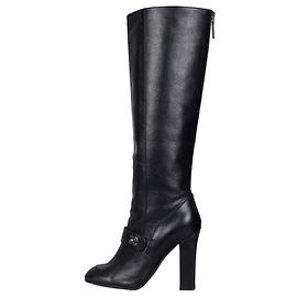 CHANEL Kniehohe Stiefel aus schwarzem Leder mit silbernem CC-Logo 38.5 gebraucht
