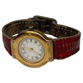 Vintage Courreges Quartz Uhr Gold mit rotem Krokodil-Effekt-Armband