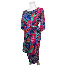 Vintage Yves Saint Laurent Baumwolle Floral Midi Kleid Multicolor M