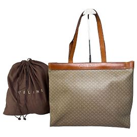 Céline Tote Vintage Celine in tela rivestita Beige Brown Danneggiata