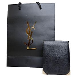 Vintage Yves Saint Laurent Grained Leather Bifold Wallet Black Silver