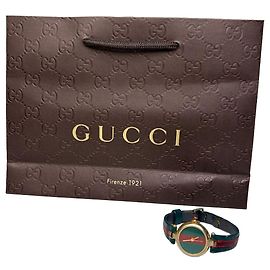 Vintage Gucci Armbanduhr Lederarmband Grün Rot Goldfarben Beschädigt