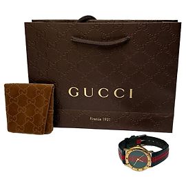 Vintage Gucci Armbanduhr aus Leder, goldfarben, grün und rot