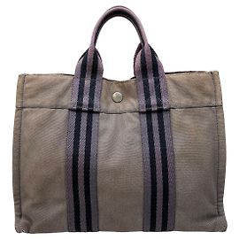 Hermès Bolsa Tote Vintage Hermes Canvas Stripe Cinza Preto Roxo