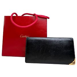 Vintage Cartier Bifold Geldbörse aus glattem Leder Schwarz Gold