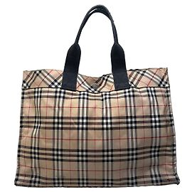 Tote Vintage Burberry Tartan Coated Canvas Beige Navy