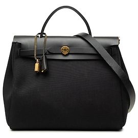 Hermès Herbag Zip 31 em Toile Military Preta e Vache Hunter