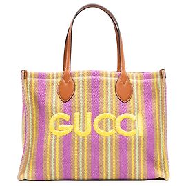 Borsa Shopper Tote Gucci in juta ricamata con logo, viola, Medium