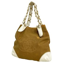 Borsa Tote Chanel in tela beige e bianca