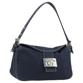 FENDI Mamma Baguette Schultertasche Canvas Navy Silver Auth 199899A