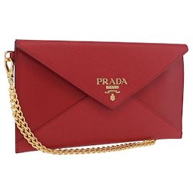 Portafoglio Pochette con Catena PRADA Saffiano Rosso Tono Oro Auth SW2674V
