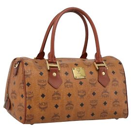 MCM Vicetos Handtasche PVC Leder Braun Goldfarben Auth 200353
