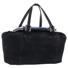 Bolsa de mão FENDI Suede Black Silver Auth ka6006A