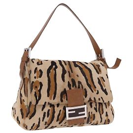 FENDI Leopard Pattern Mamma Baguette Bag Harako Leather Brown Auth yk20790SAM
