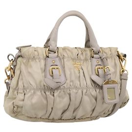PRADA Geraffte Handtasche Nylon 2way Beige Gold Auth 201930