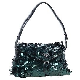 Borsa a tracolla PRADA di paillettes Verde Argento Auth 199336SM