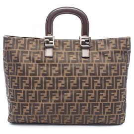 Fendi Zucca Tote Bag Braun Schwarz Leder Canvas