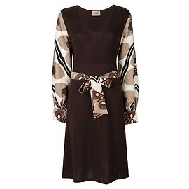 Vestido Hermès em lã e seda castanho e bege